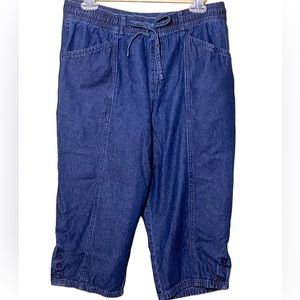 Erika Y2K blue drawstring elastic waist button on legs capri jeans Sz PL